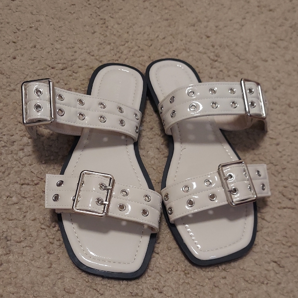 White Double-Buckle Studded Slide Sandals